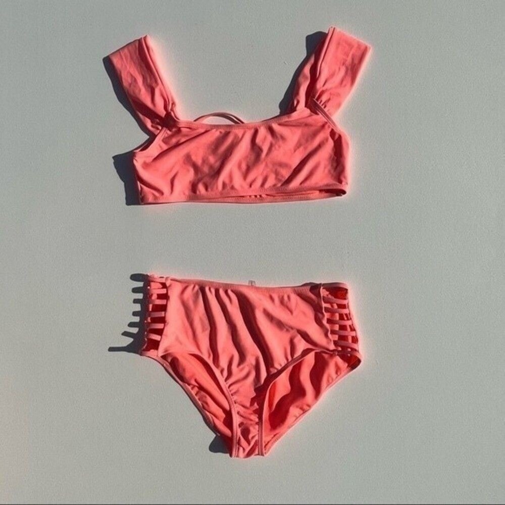 Marilyn Monroe Neon Coral High Waisted Bikini Set Strappy Back Size M MMHW 6176